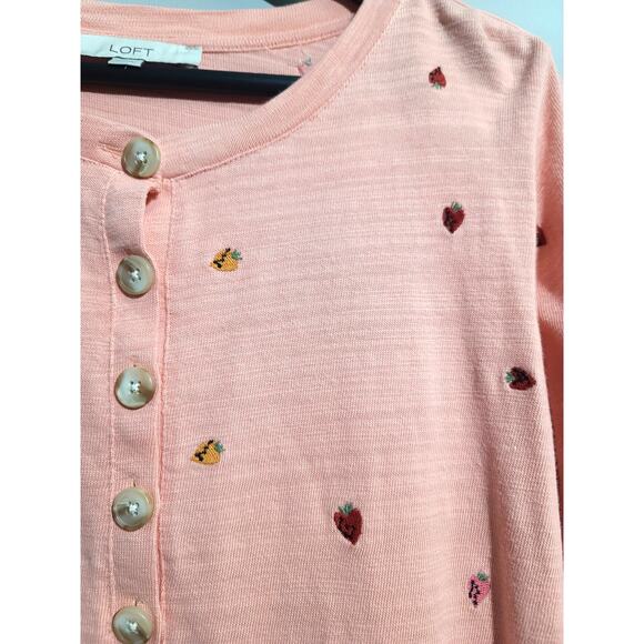LOFT Strawberry Embroidered Henley Sweatshirt Medium Pink EUC 100% Cotton - Picture 3 of 6